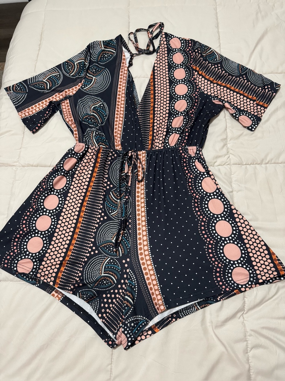 Women's Navy, Coral and Pink Patterned Halter Romper